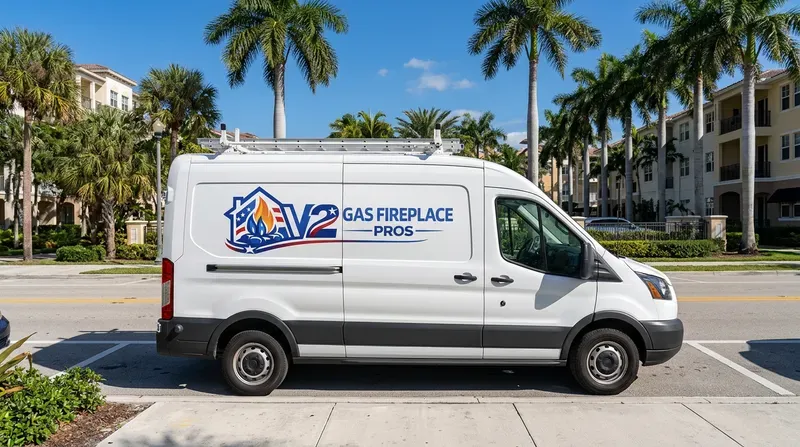 V2 Gas Fireplace Pros branded service van in West Palm Beach, FL