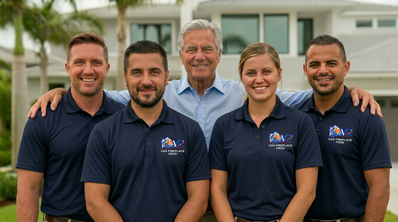 V2 Gas Fireplace Pros team in branded company polos, West Palm Beach FL